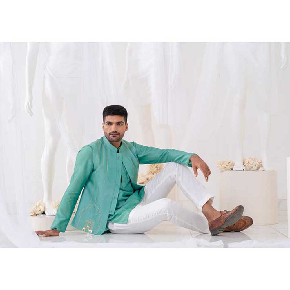 Runit Gupta Teal Summer Bundi Jacket with Kurta and Pant (Set of 3)