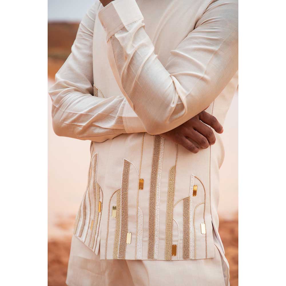 Runit Gupta Sand Abstract Bundi Jacket with Kurta and Pant (Set of 3)