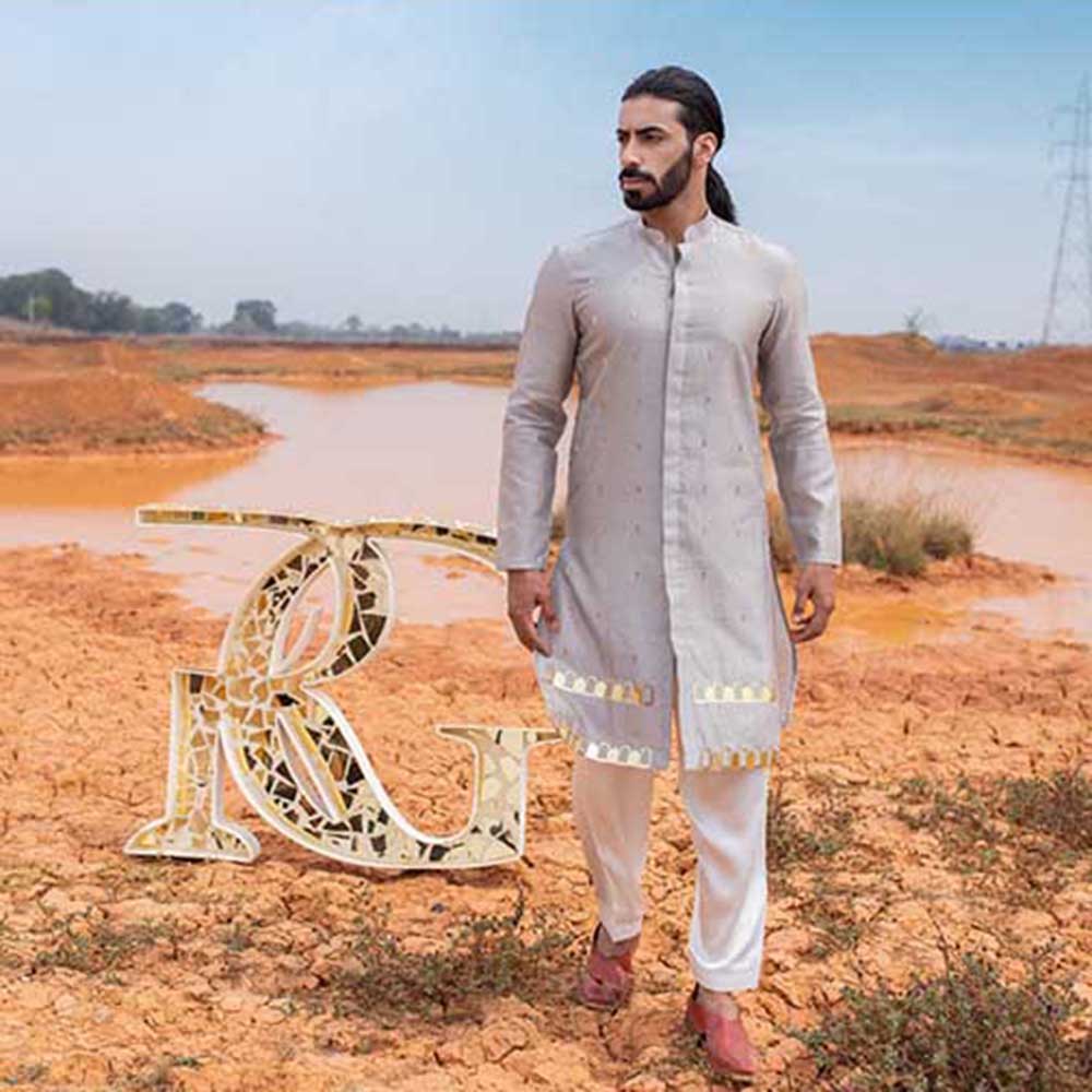 Runit Gupta Grey Khidki Kurta with Salwar (Set of 2)