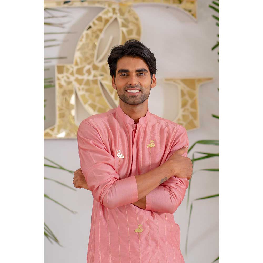 Runit Gupta Flamingo Dusty Coral Kurta with Pant (Set of 2)