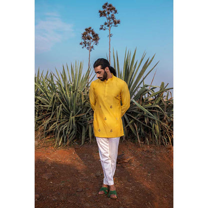 Runit Gupta Yellow Moth Short Kurta with Pant (Set of 2)