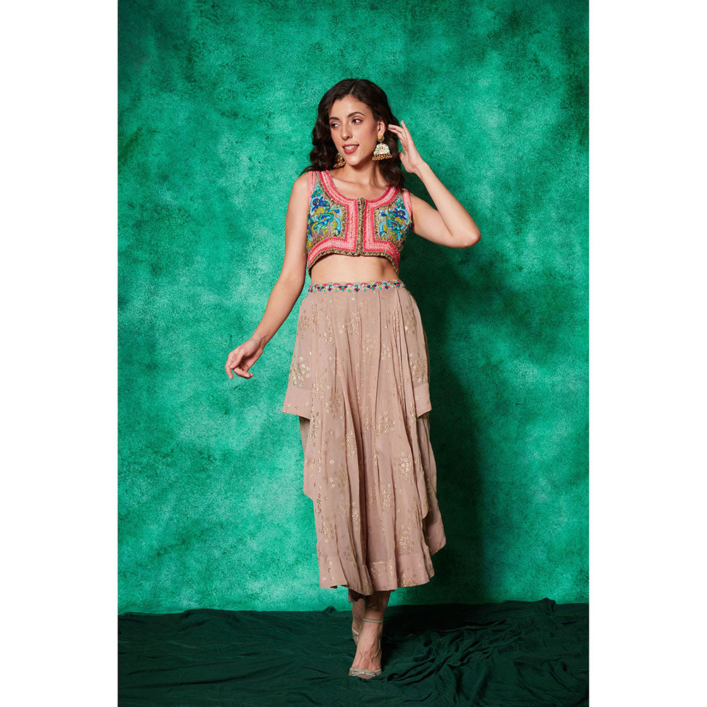Saaj by Ankita Beige Embroidered Crop Jacket with Drape Flared Pants (Set of 2)