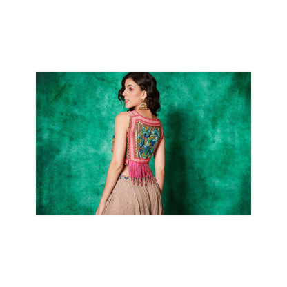 Saaj by Ankita Beige Embroidered Crop Jacket with Drape Flared Pants (Set of 2)