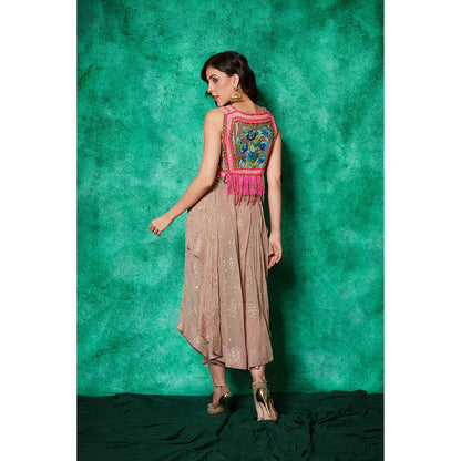 Saaj by Ankita Beige Embroidered Crop Jacket with Drape Flared Pants (Set of 2)