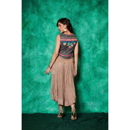 Saaj by Ankita Taupe Embroidered Jacket with Drape Flared Pants (Set of 2)