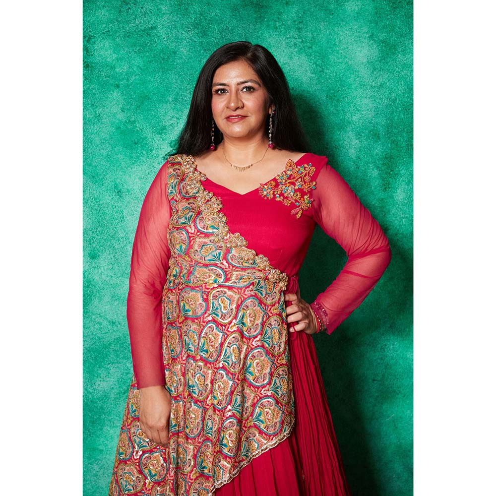 Saaj by Ankita Magenta Anarkali Gown with One Sided Cape
