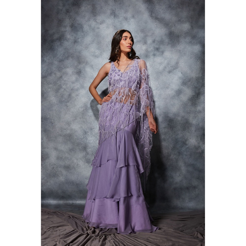 Saaj by Ankita Lavender Ruffle Saree & Embellished Palla with Stitched Blouse