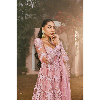 Saanjh by Lea Fariha Blush Pink Embroidered Anarkali Kurta with Pant and Dupatta (Set of 3)