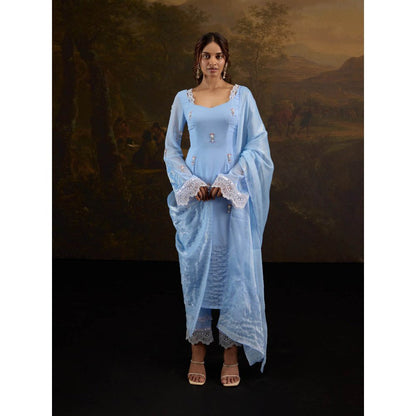 Saanjh by Lea Kashfiya Blue Embroidered Kurta with Pant and Dupatta (Set of 3)