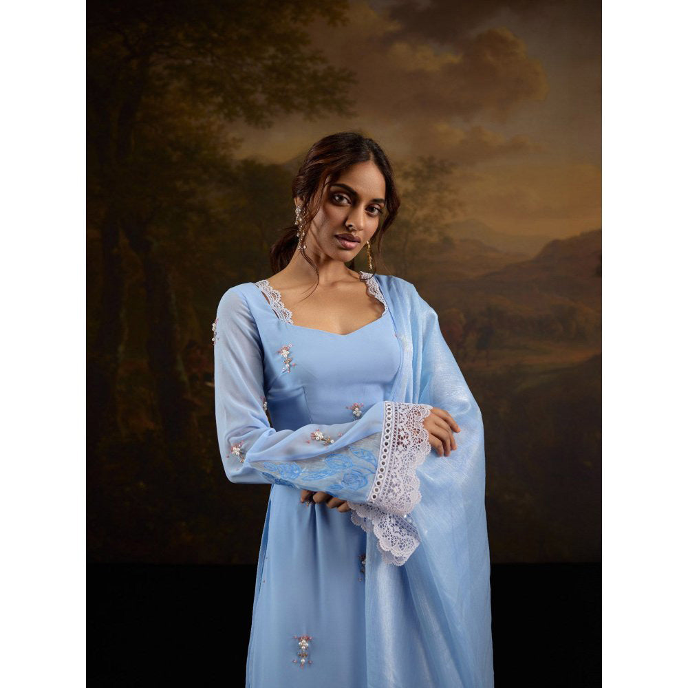 Saanjh by Lea Kashfiya Blue Embroidered Kurta with Pant and Dupatta (Set of 3)