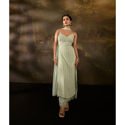 Saanjh by Lea Shimaz Sage Green Kurta with Pant and Dupatta (Set of 3)