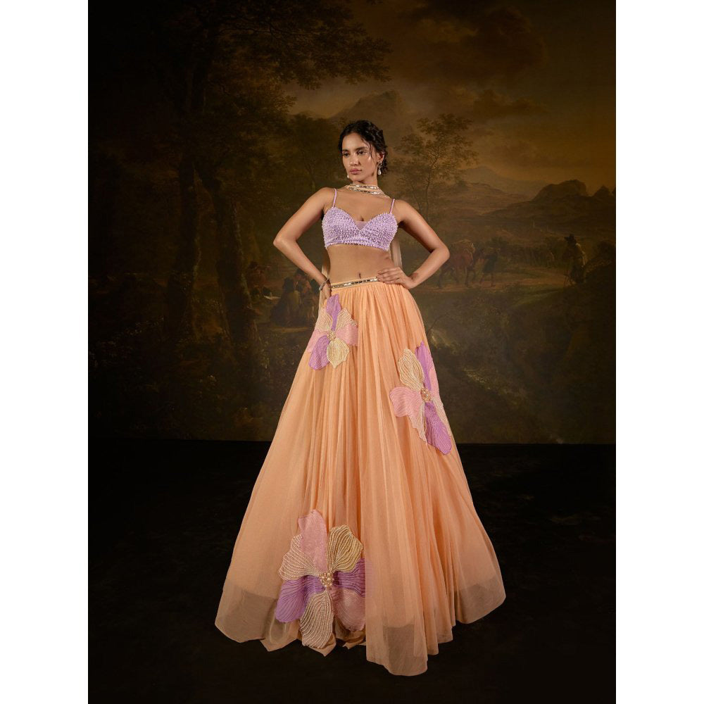 Saanjh by Lea Tasmeekh Orange Embroidered Lehenga with Blouse and Dupatta (Set of 3)