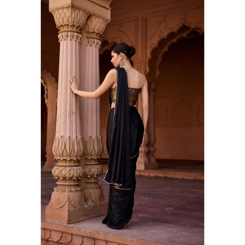 Saanjh by Lea Kanza Black Pre-Stitched Saree with Stitched Blouse
