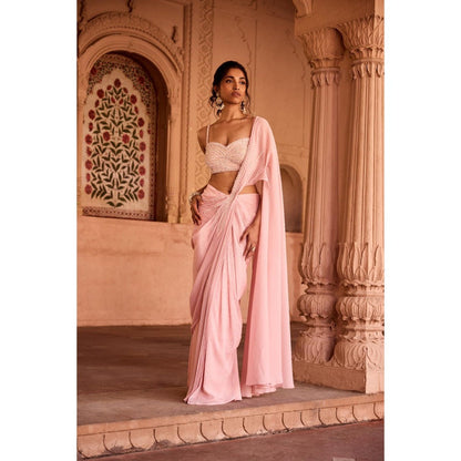 Saanjh by Lea Reshma Baby Pink Satin Pre-Stitched Saree with Stitched Blouse