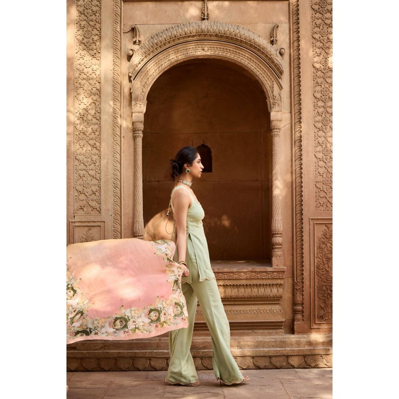 Saanjh by Lea Adara Pastel Green Chanderi Palazzo with Kurti and Dupatta