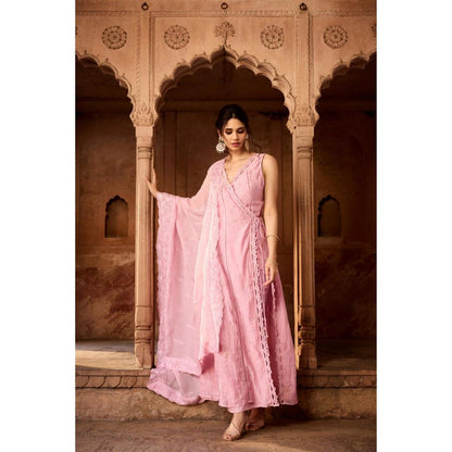 Saanjh by Lea Gulbaano Light Pink Embroidered Angrakha Kurta with Pant and Dupatta