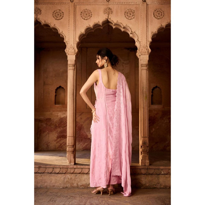 Saanjh by Lea Gulbaano Light Pink Embroidered Angrakha Kurta with Pant and Dupatta