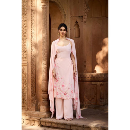 Saanjh by Lea Raaya Baby Pink Hand-Embroidered Kurta with Palazzo and Dupatta