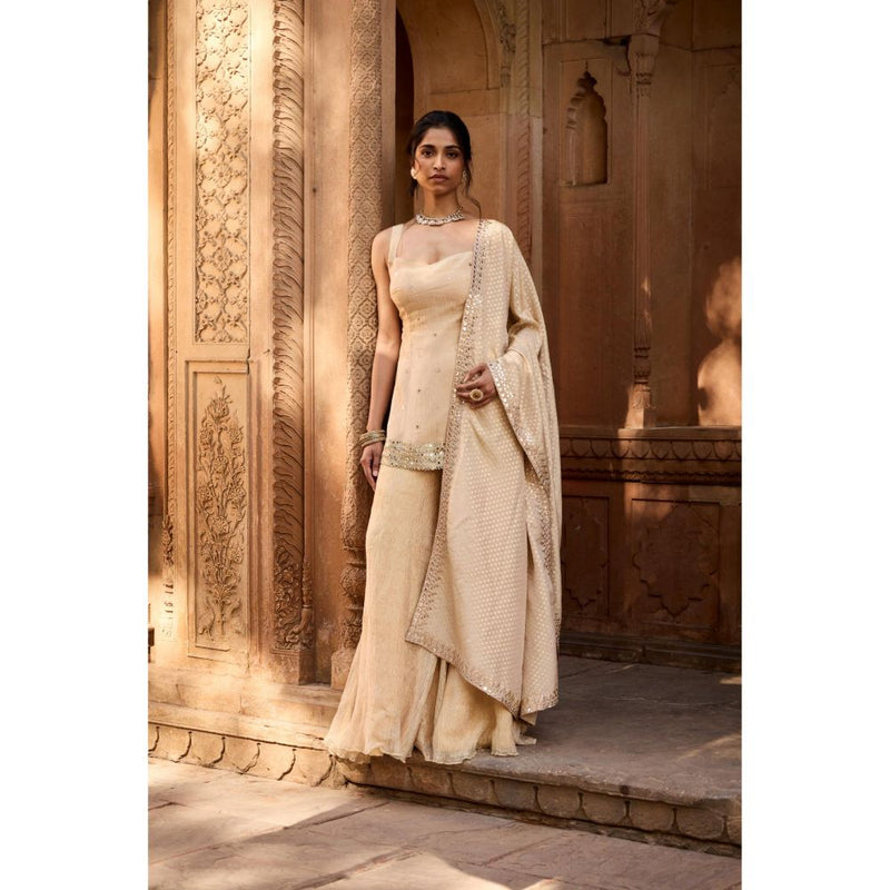 Saanjh by Lea Rumaisa Golden Sleeveless Embroidered Beige Sharara with Kurti and Dupatta