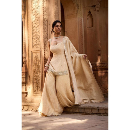 Saanjh by Lea Rumaisa Golden Sleeveless Embroidered Beige Sharara with Kurti and Dupatta