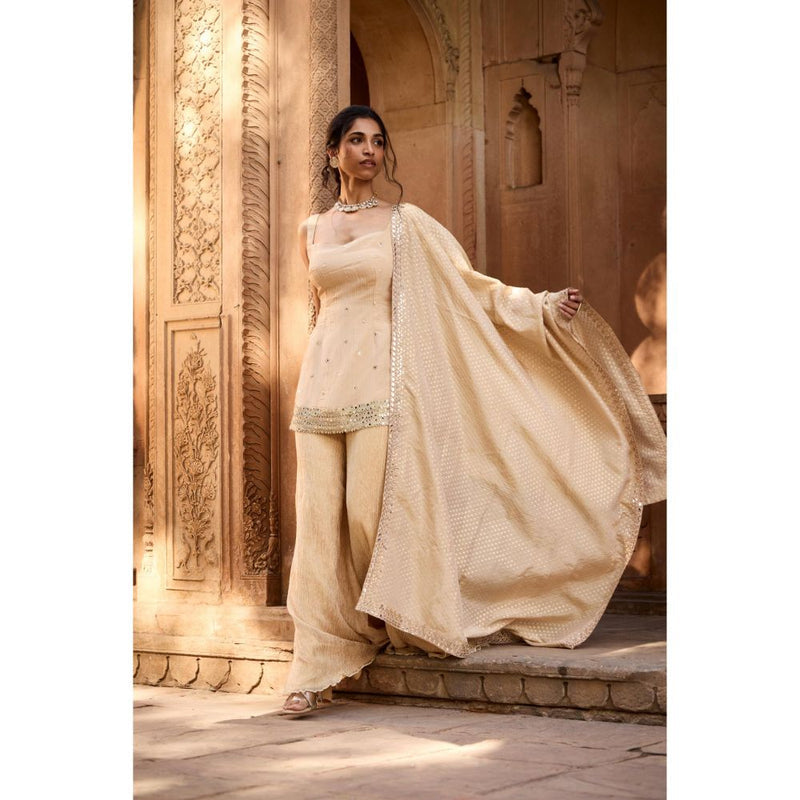 Saanjh by Lea Rumaisa Golden Sleeveless Embroidered Beige Sharara with Kurti and Dupatta