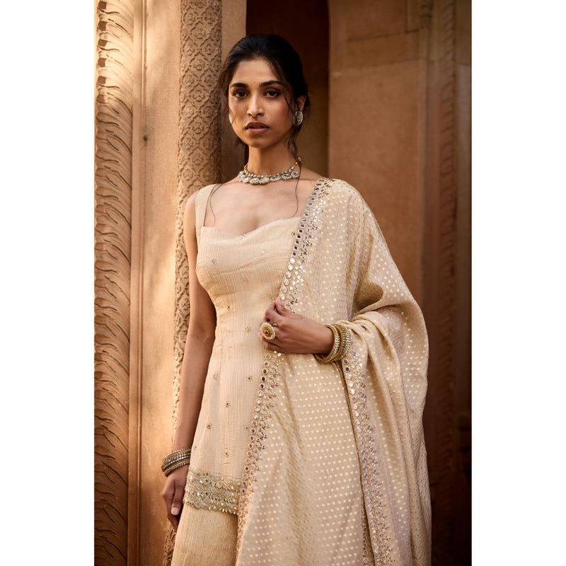 Saanjh by Lea Rumaisa Golden Sleeveless Embroidered Beige Sharara with Kurti and Dupatta