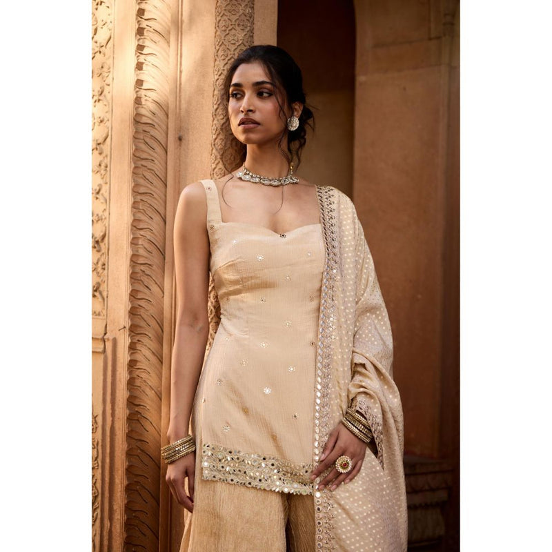 Saanjh by Lea Rumaisa Golden Sleeveless Embroidered Beige Sharara with Kurti and Dupatta