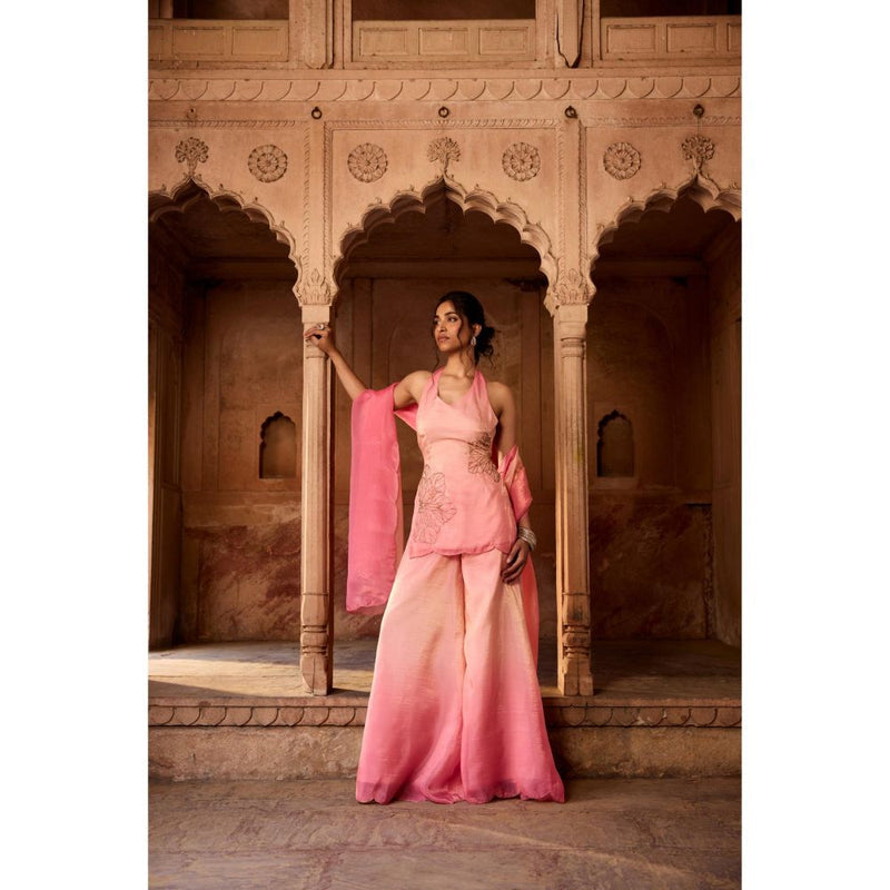 Saanjh by Lea Saabat Pink Ombre Floral Embroidered Sharara with Kurti and Dupatta