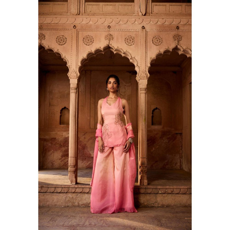 Saanjh by Lea Saabat Pink Ombre Floral Embroidered Sharara with Kurti and Dupatta