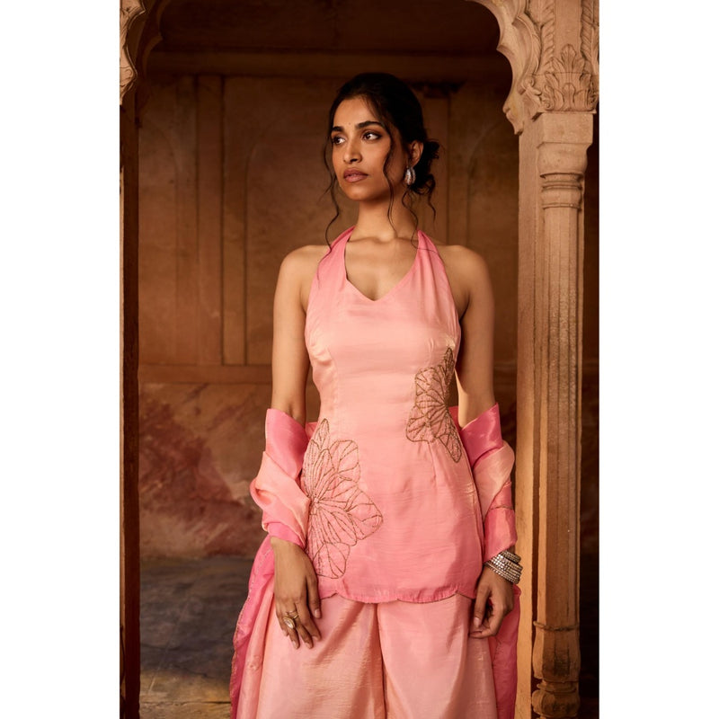 Saanjh by Lea Saabat Pink Ombre Floral Embroidered Sharara with Kurti and Dupatta