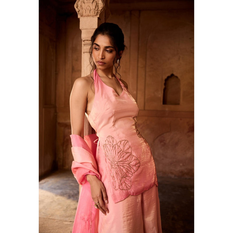 Saanjh by Lea Saabat Pink Ombre Floral Embroidered Sharara with Kurti and Dupatta