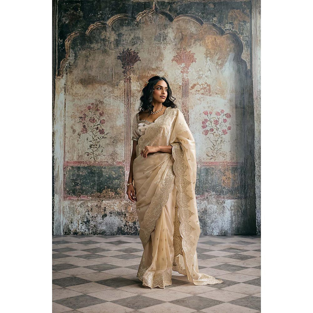 Saanjh by Lea Womens Embroidered Ivory Pre-Draped Saree with Stitched Blouse