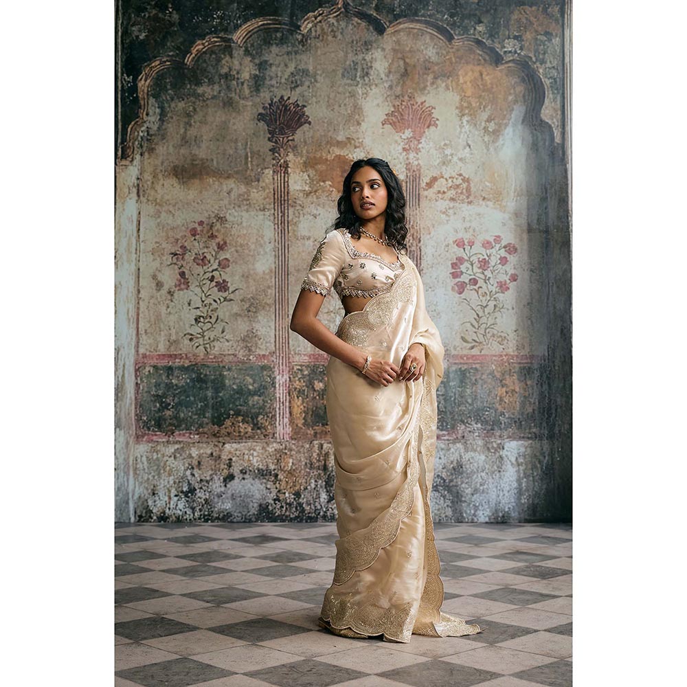 Saanjh by Lea Womens Embroidered Ivory Pre-Draped Saree with Stitched Blouse