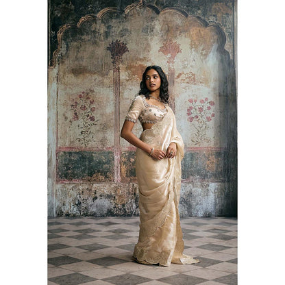 Saanjh by Lea Womens Embroidered Ivory Pre-Draped Saree with Stitched Blouse