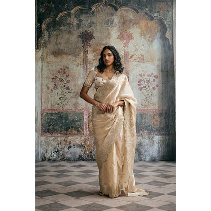 Saanjh by Lea Womens Embroidered Ivory Pre-Draped Saree with Stitched Blouse