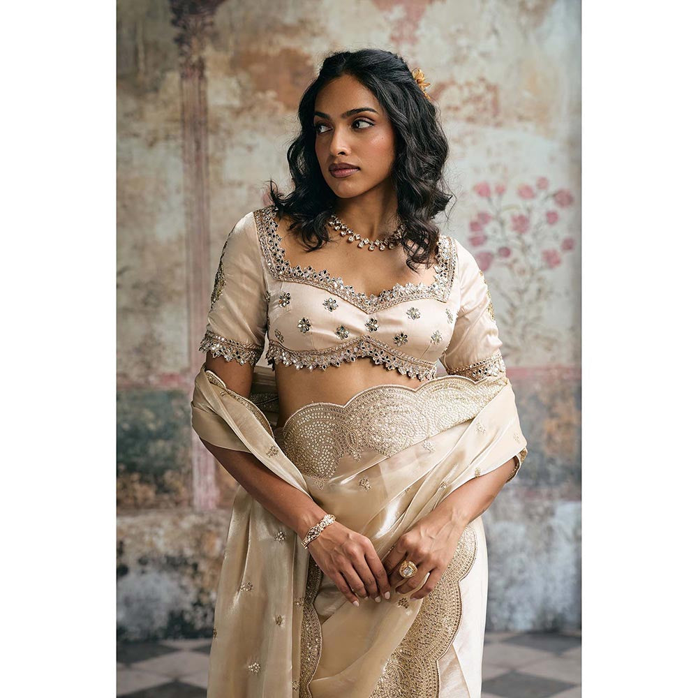 Saanjh by Lea Womens Embroidered Ivory Pre-Draped Saree with Stitched Blouse