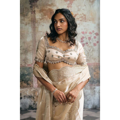 Saanjh by Lea Womens Embroidered Ivory Pre-Draped Saree with Stitched Blouse