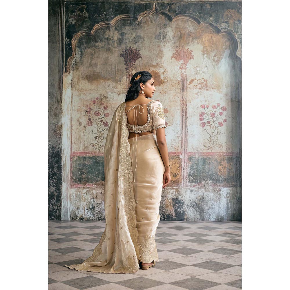 Saanjh by Lea Womens Embroidered Ivory Pre-Draped Saree with Stitched Blouse