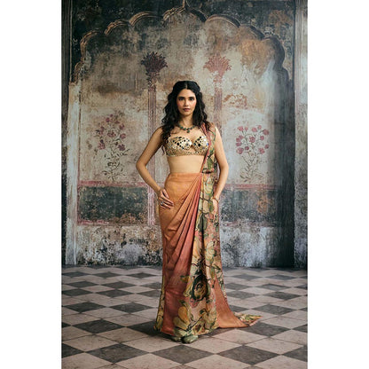 Saanjh by Lea Womens Printed Multi-Color Pre-Draped Saree with Stitched Blouse