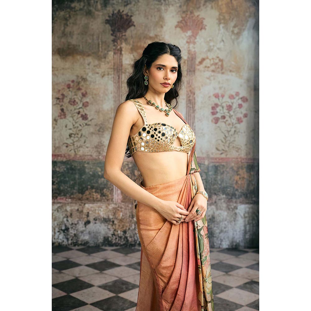 Saanjh by Lea Womens Printed Multi-Color Pre-Draped Saree with Stitched Blouse