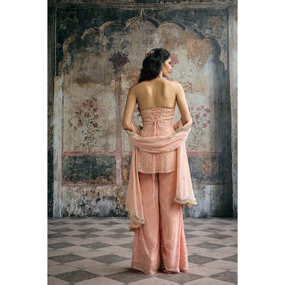 Saanjh by Lea Aneesa Peach Mirror-Embroidered Top With Palazzo And Dupatta