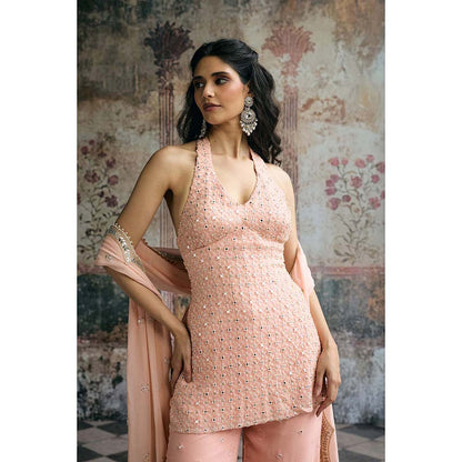 Saanjh by Lea Aneesa Peach Mirror-Embroidered Top With Palazzo And Dupatta