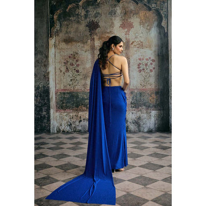 Saanjh by Lea Neel Electric Blue Pre-Draped Saree with Stitched Blouse