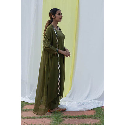Saatvikei Cape Suit - Olive Green Kurta with Pant and Cape Dupatta (Set of 3)