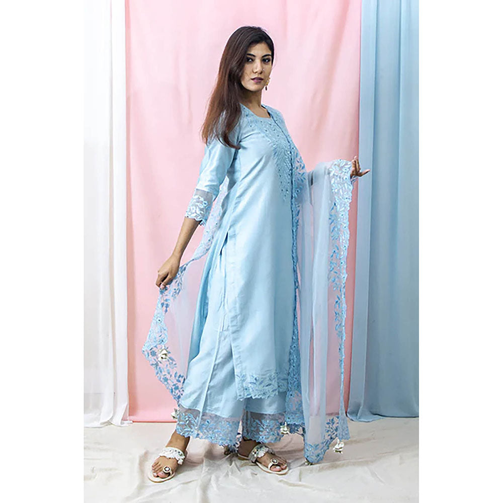 Saatvikei Harshita - Sky Blue Kurta with Palazzo and Dupatta (Set of 3)