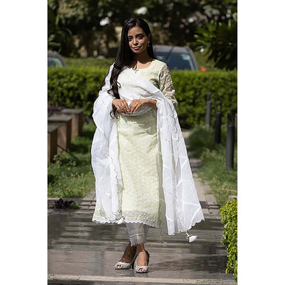 Saatvikei Kesar - Green Kurta with Pant and Dupatta (Set of 3)