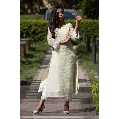 Saatvikei Kesar - Green Kurta with Pant and Dupatta (Set of 3)