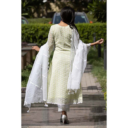Saatvikei Kesar - Green Kurta with Pant and Dupatta (Set of 3)
