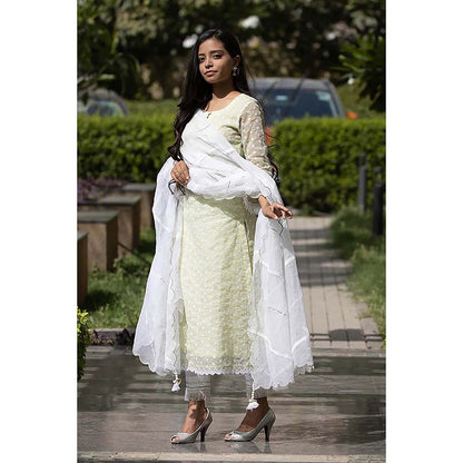 Saatvikei Kesar - Green Kurta with Pant and Dupatta (Set of 3)
