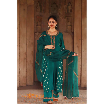 Saatvikei Meenakshi - Green Kurta with Pant and Dupatta (Set of 3)